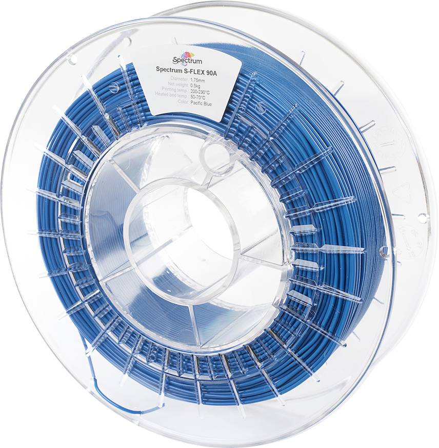En transparent spole med blå 3D-printningsfilament mærket 'Spectrum S-FLEX 90A', der viser specifikationer som vægt, diameter og printningstemperatur.