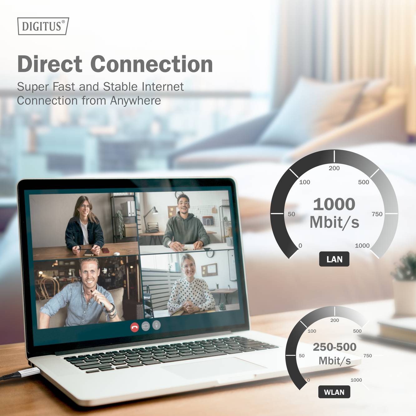 Videeopkald på en bærbar computer med fem personer vist, der viser netværkshastighed: LAN ved 1000 Mbit/s og WLAN ved 250-500 Mbit/s; teksten lyder 'Direkte forbindelse'.