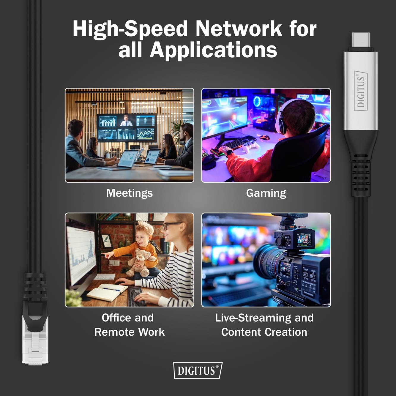 Højhastighedsnetværk til alle anvendelser: møder, gaming, kontorarbejde, livestreaming. Billeder viser hver scenario. Digitalt kabel vist.