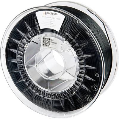 En rulle sort 3D-printerfilament mærket 'Spectrum PC/ABS FR V0'. Etiketten viser diameter 1,75 mm, vægt 750 g, printtemperatur 260-300°C.