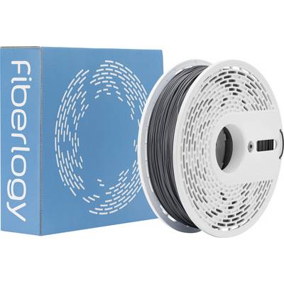 En spole med sort 3D-printningsfilament med en blå Fiberlogy-æske i baggrunden, som har et cirkulært mønsterdesign.