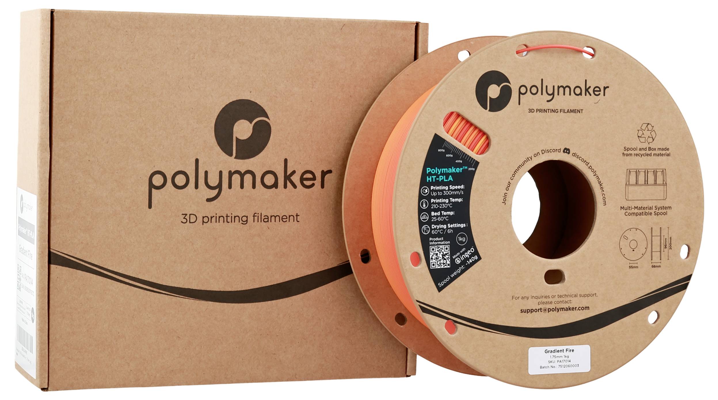 En papkasse og en spole orange Polymaker 3D-printningsfilament. Både kassen og spolen viser Polymaker-logoet og branding.