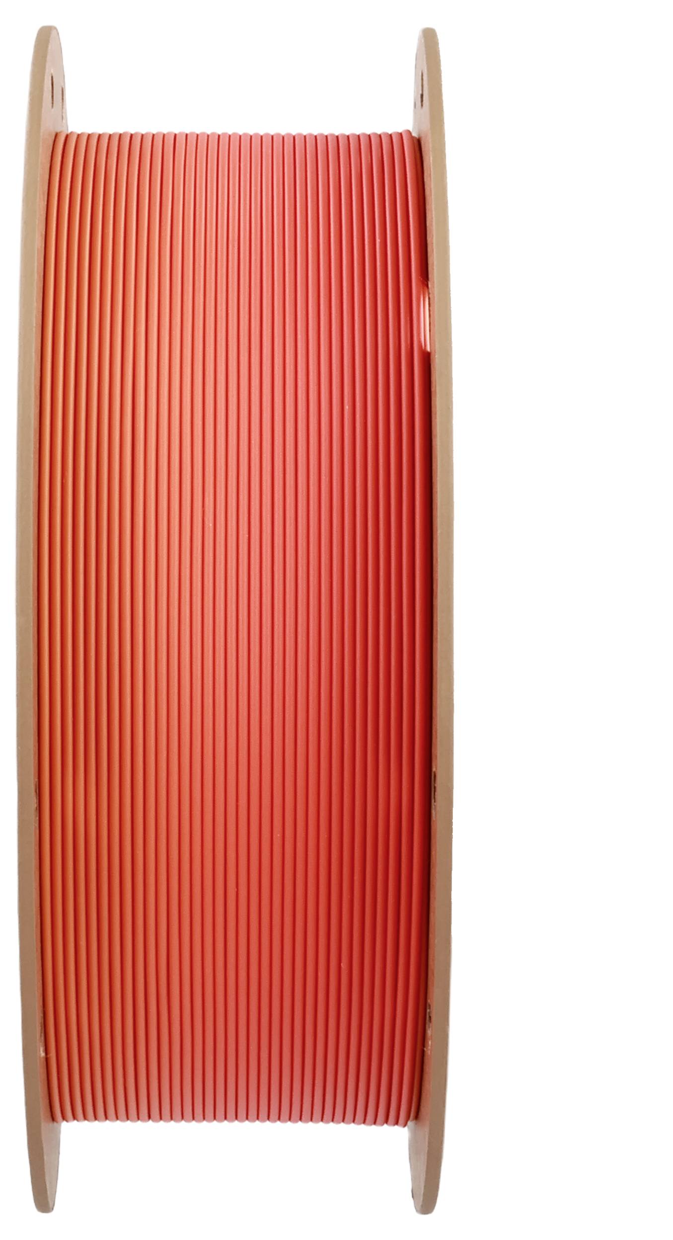 En spole med orange 3D-printfilament, tæt viklet på en cylindrisk spole, klar til brug i 3D-printing.
