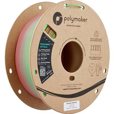 En spole med Polymaker 3D-printningsfilament i gradient regnbuekfarver med produktdetaljer såsom printningshastighed og dysetemperatur synlige.