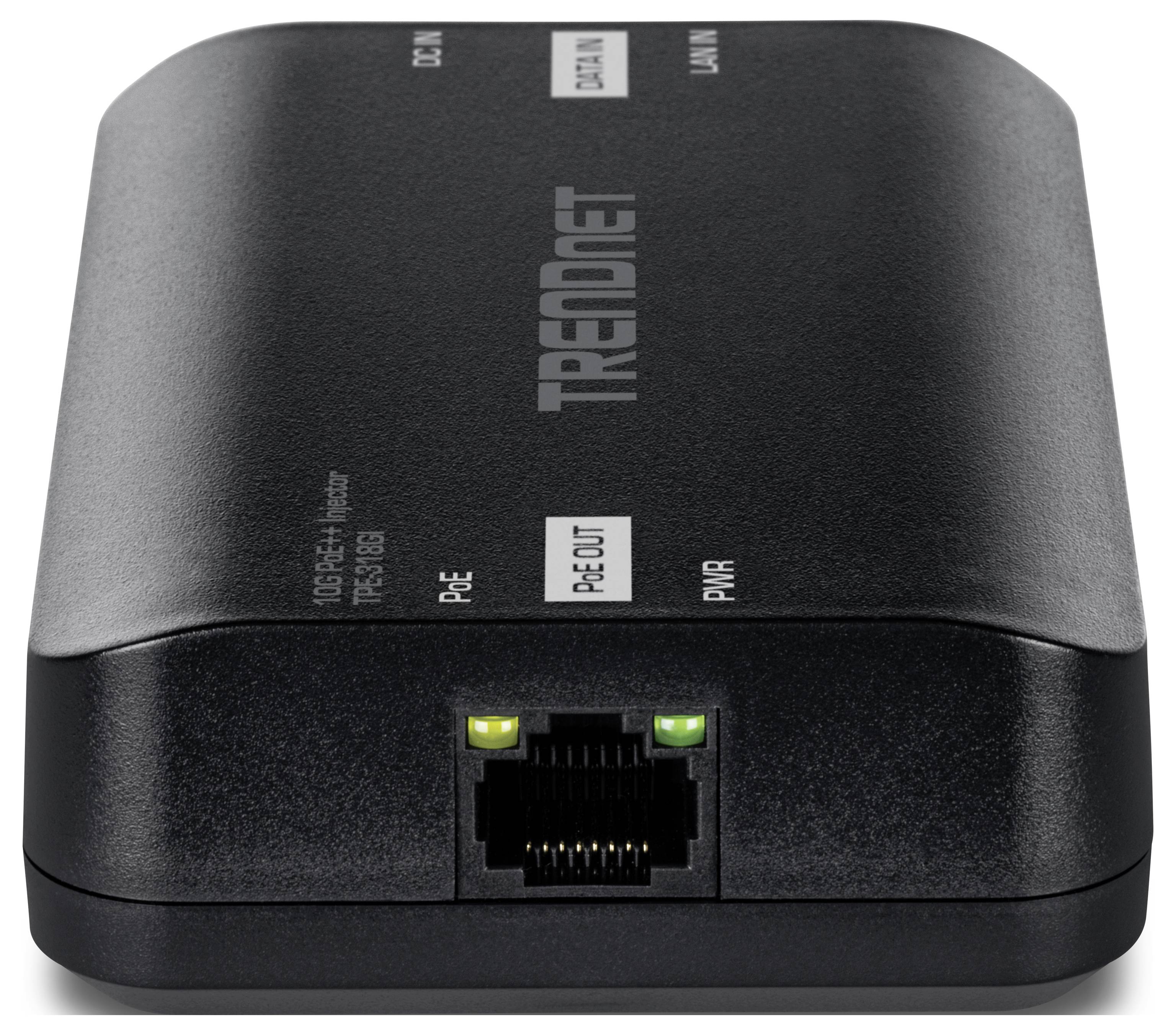 En sort TRENDnet 1000Base-T adapter med porte og LED-indikatorer til PoE-forbindelser, som bruges til netværksenhedstilslutninger.