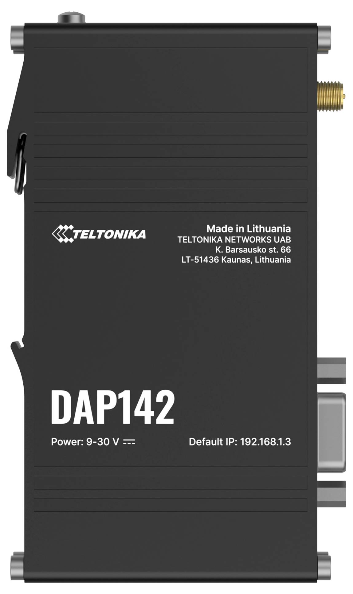 En sort Teltonika-enhed model DAP142 viser strømindgang på 9-30 V, standard IP 192.168.1.3 og er fremstillet i Litauen.