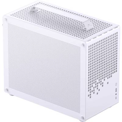 En lille, rektangulær, hvid computerkappe med perforeret design til ventilation og et bærehåndtag på toppen.