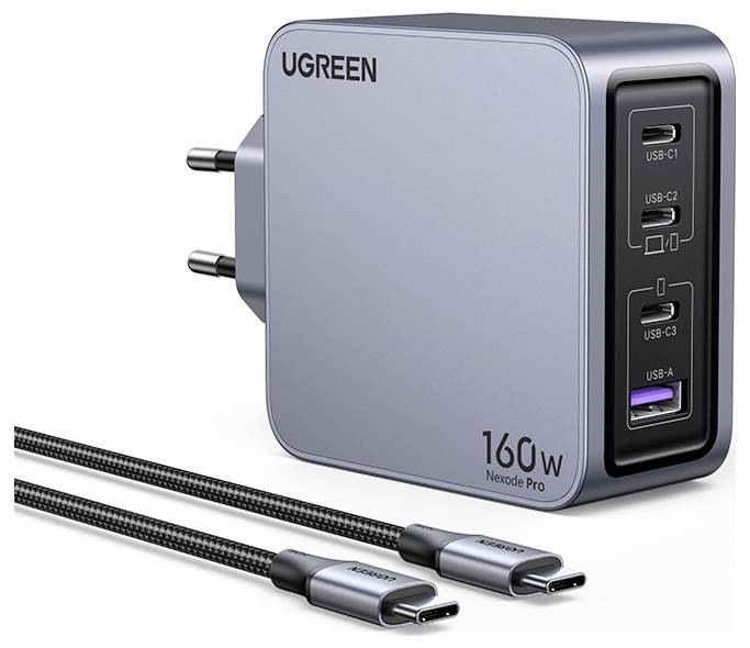 En grå 160W UGREEN Nexode Pro oplader med tre USB-C-porte og en USB-A-port. To flettede USB-C-kabler ligger ved siden af den.