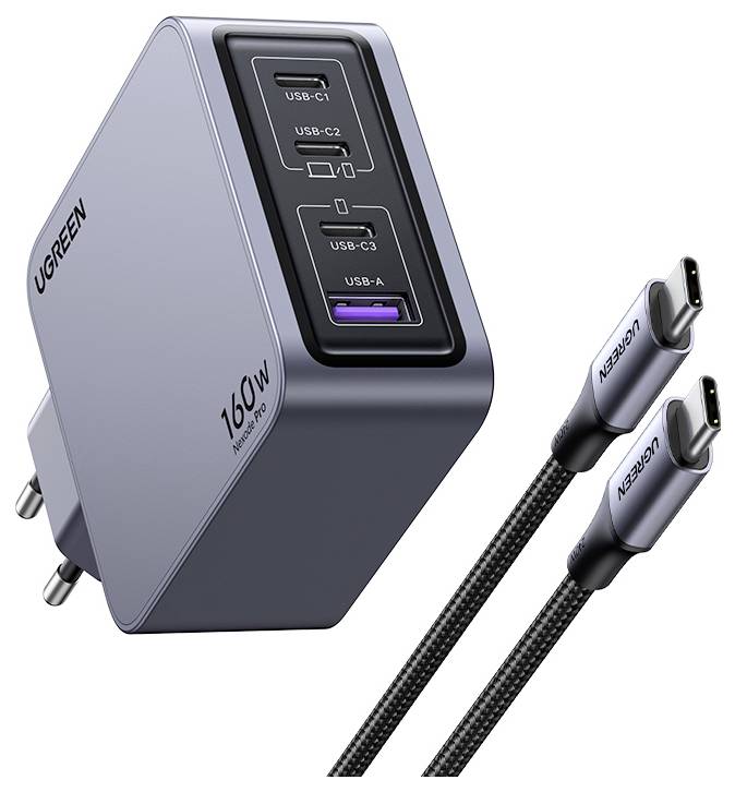En UGreen 160W vægoplader med tre USB-C-porte og en USB-A-port. To USB-C til USB-C kabler følger med.