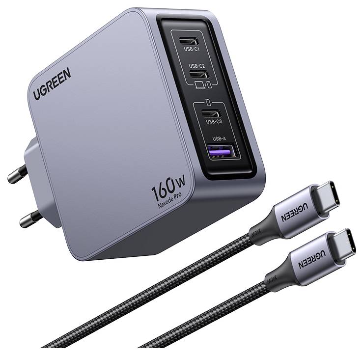 'En grå UGREEN 160W Nexode Pro oplader med dobbelte USB-C og USB-A porte, ved siden af to flettede USB-C kabler.'