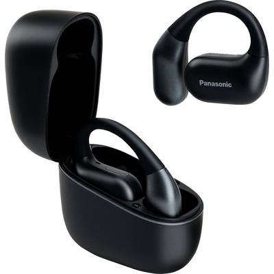 Sorte trådløse høretelefoner med ørekroge, hvor en hviler i en åben opladningsetui. Mærket 'Panasonic' er synligt på høretelefonerne.
