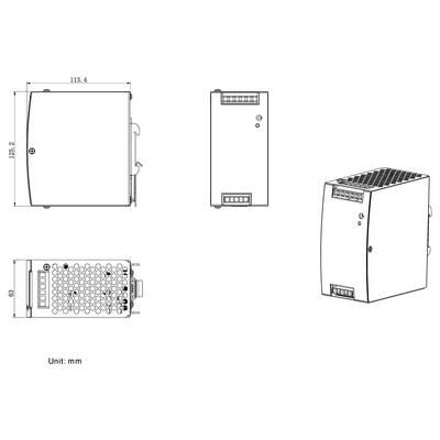 'Billede viser fire visninger af en rektangulær elektronisk enhed med perforerede ventiler: front, side, top og vinklet. Dimensioner angivet i mm.'