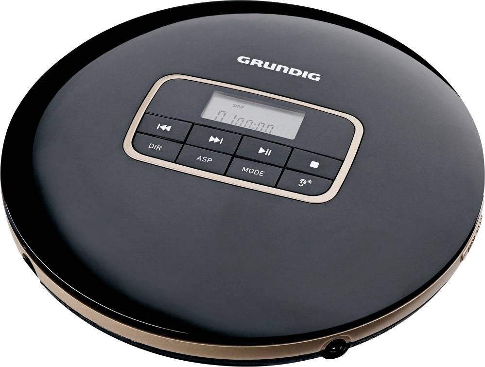 En sort Grundig bærbar CD-afspiller med betjeningsknapper og en lille displayskærm øverst.