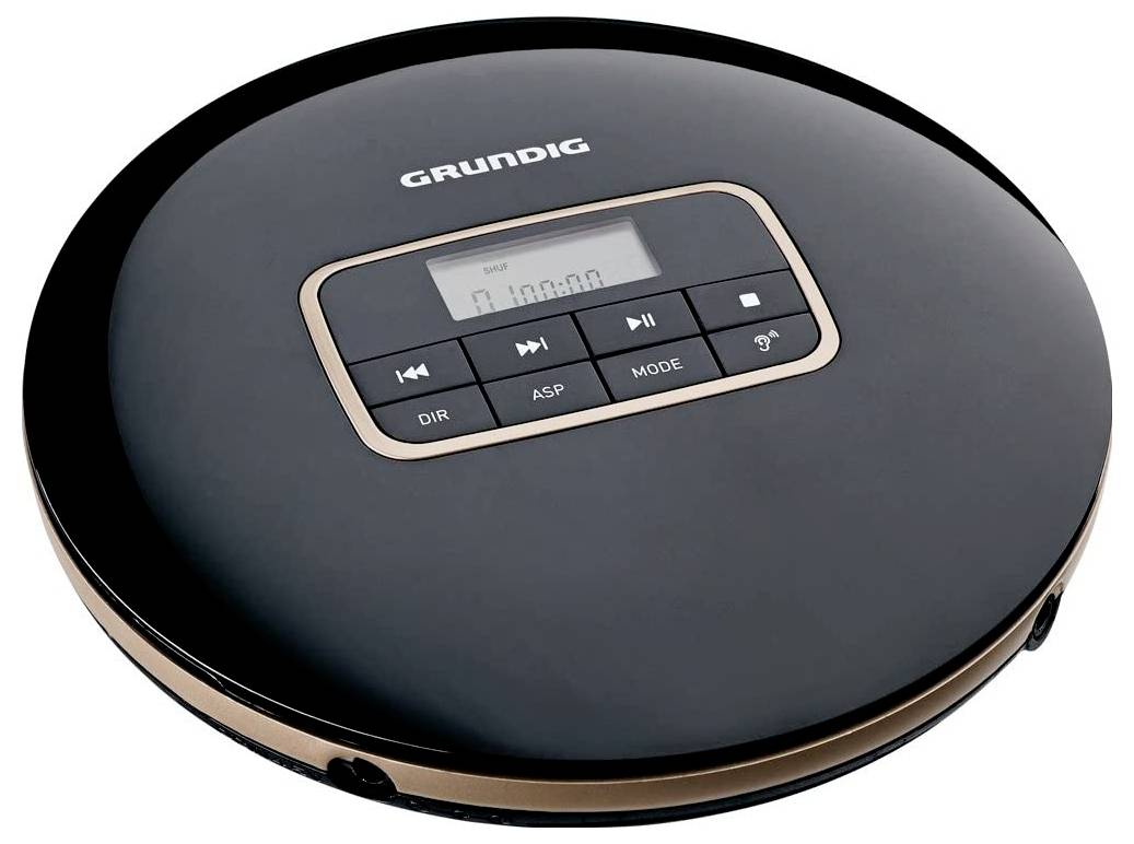 En sort og guldfarvet bærbar CD-afspiller med et digitalt display, der viser '01:00:00'. Knapperne inkluderer afspil, pause og tilstandsfunktioner.