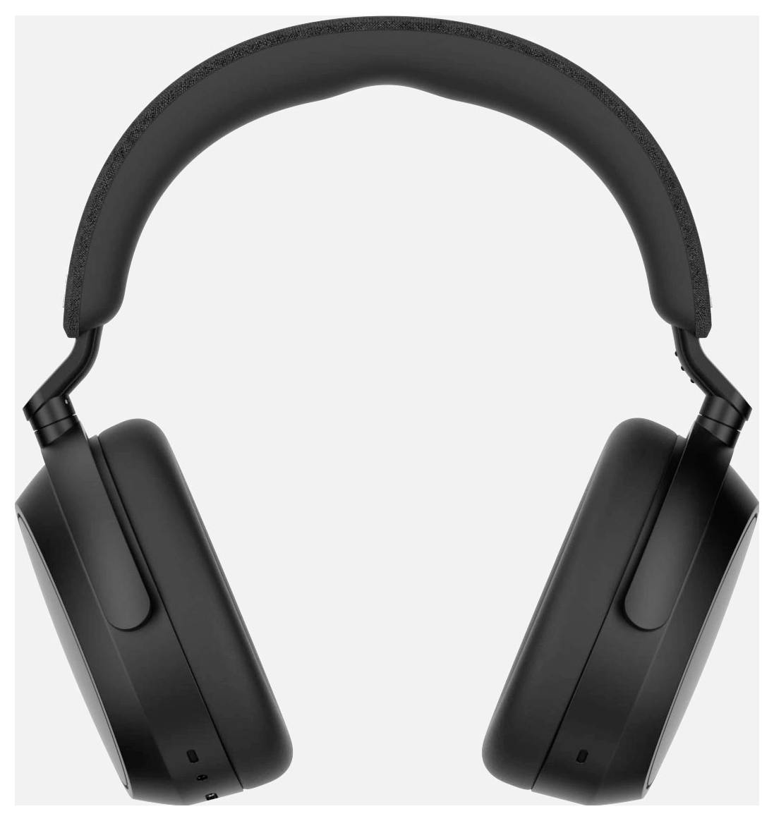 Over-ear sorte hovedtelefoner med polstrede ørepuder og hovedbøjle, set forfra, med et minimalistisk design, der er velegnet til lydlytning.