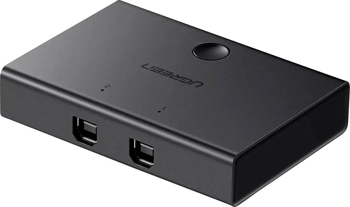 En sort USB-switch med to USB-porte på forsiden og en rund knap på toppen.