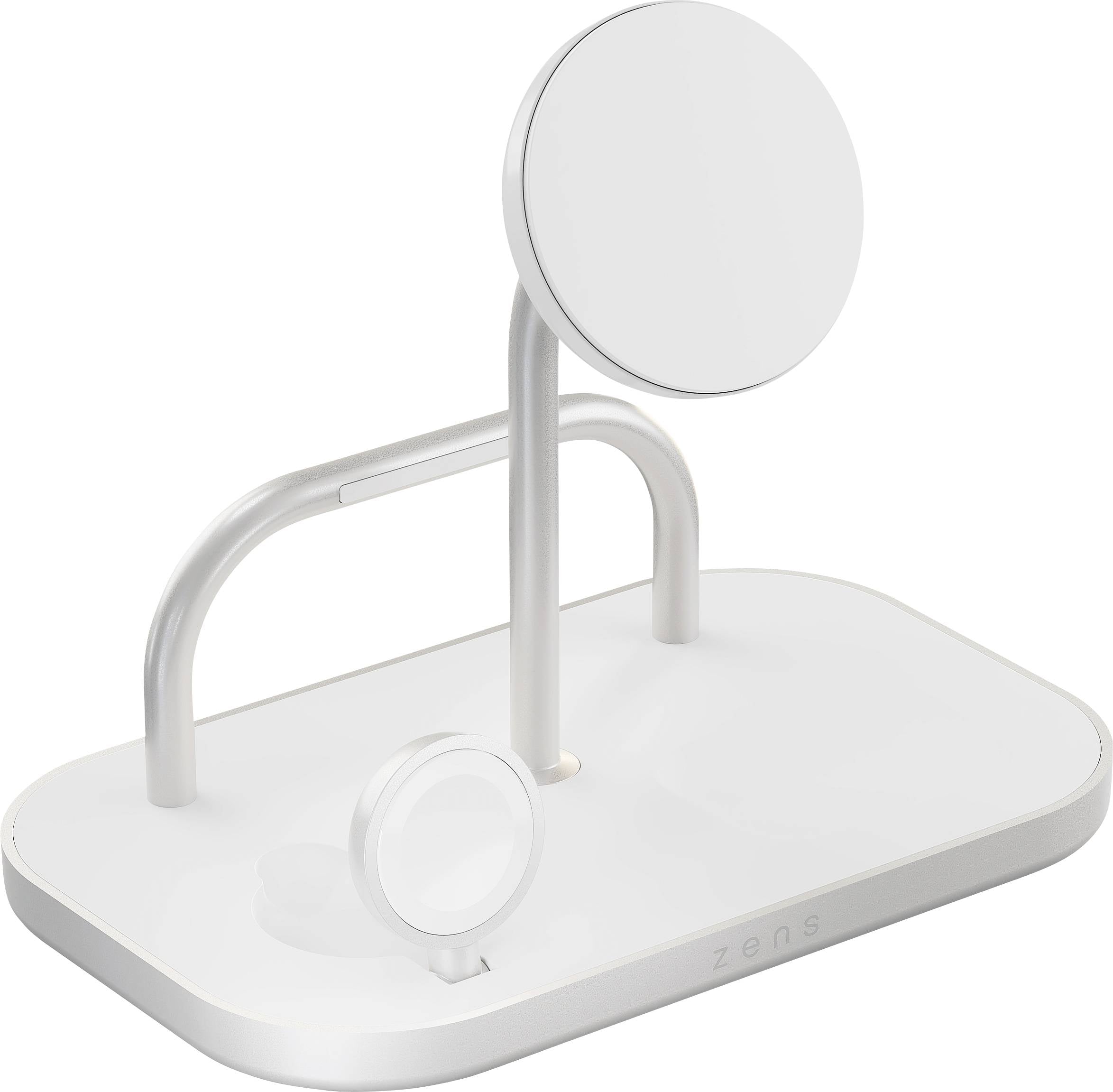 En elegant, hvid trådløs opladningsstation med to opladningsplader på en ophøjet holder, designet til smartphones og smartwatches.