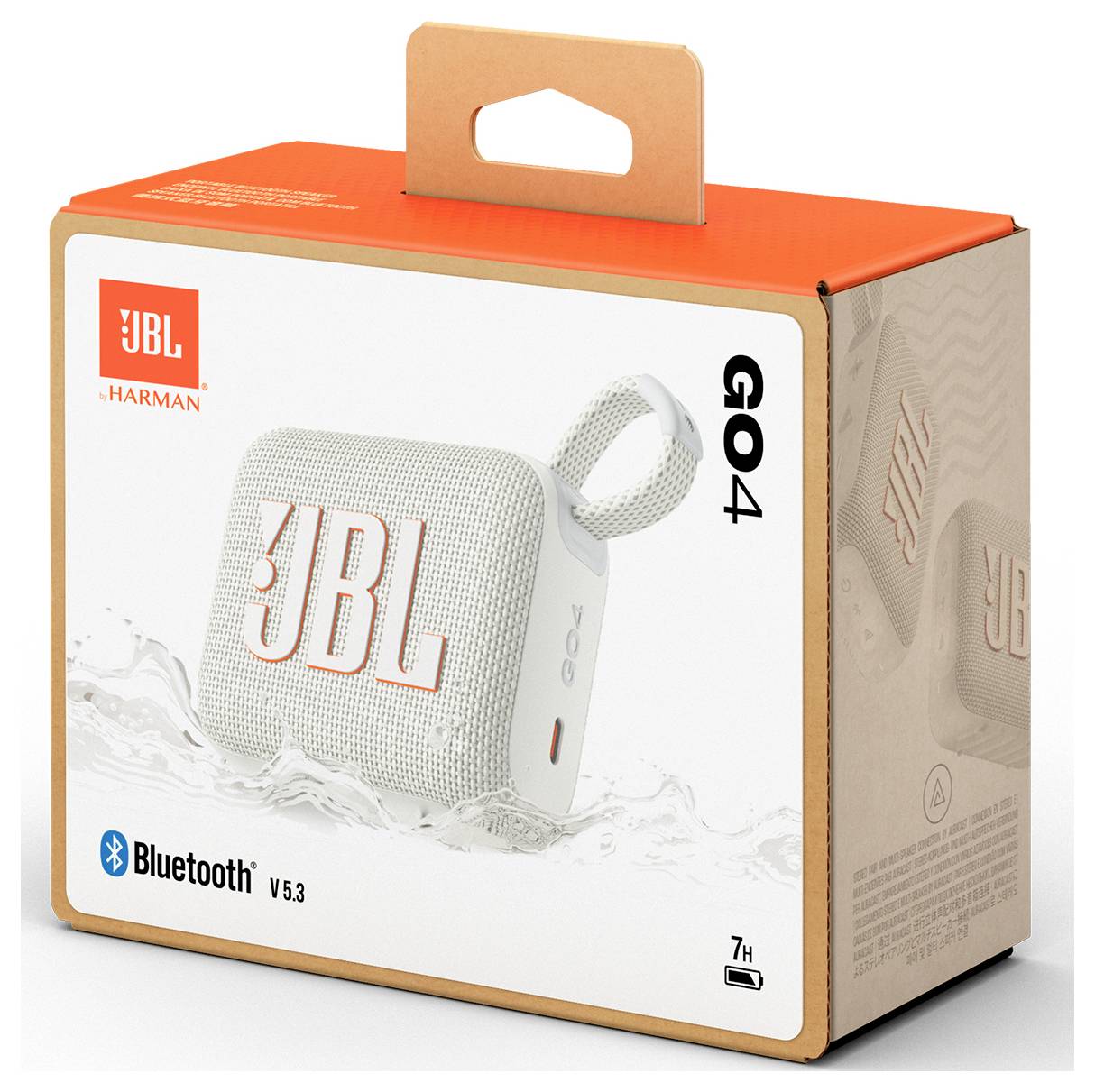 Orange og hvid JBL GO4 Bluetooth-højttalerpakke med et løkke-håndtag. Boksen angiver Bluetooth-version 5.3 og 7-timers batterilevetid.