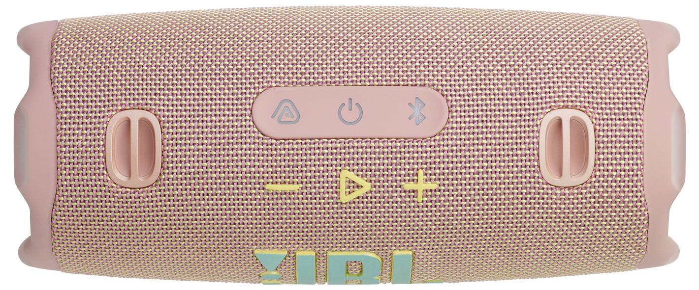 Bærbar pink højtaler med kontrolknapper og varemærke, udstyret med tænd/sluk, afspil/pause og lydstyrkeknapper.