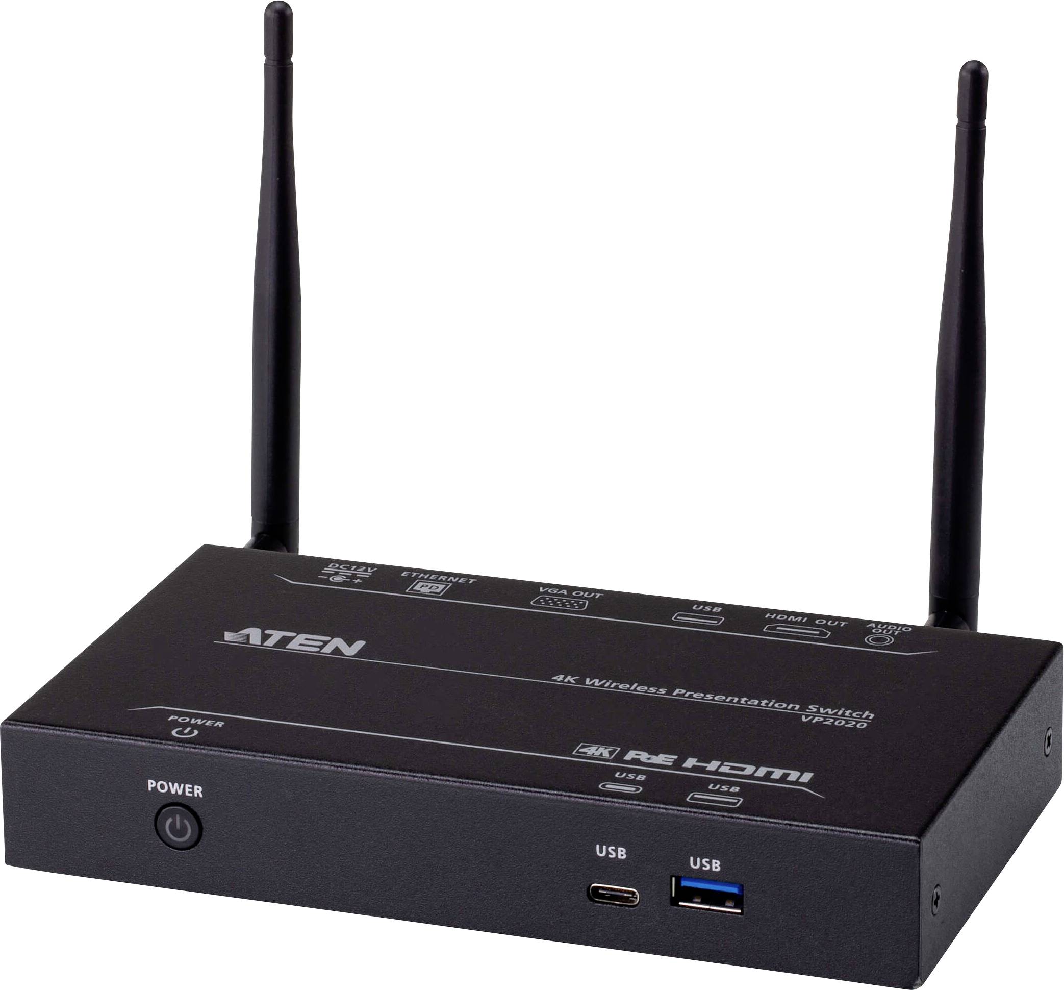 En trådløs præsentationskontakt med to antenner, frontpanel med USB-porte og tænd/sluk-knap, model mærket 'ATEN' med HDMI-understøttelse.
