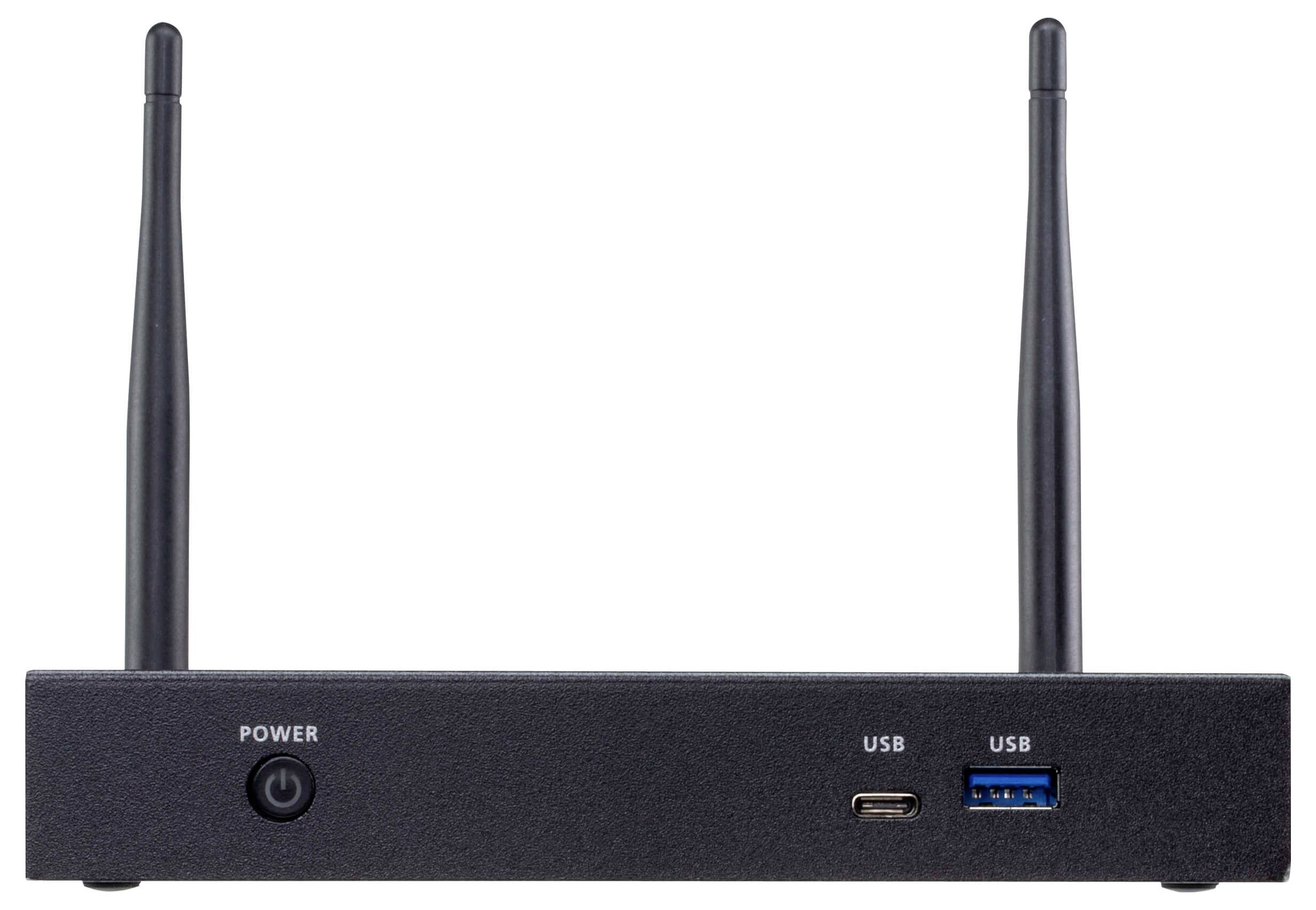 En sort elektronisk enhed med to antenne, udstyret med en tænd/sluk-knap, USB-C og USB 3.0-porte på frontpanelet.