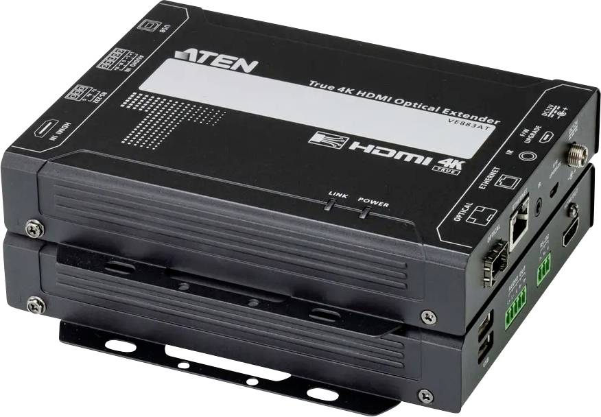 Aten 4K HDMI optisk forlænger, sort, med porte og indikatorlamper på siden, stablede enheder, forfra.