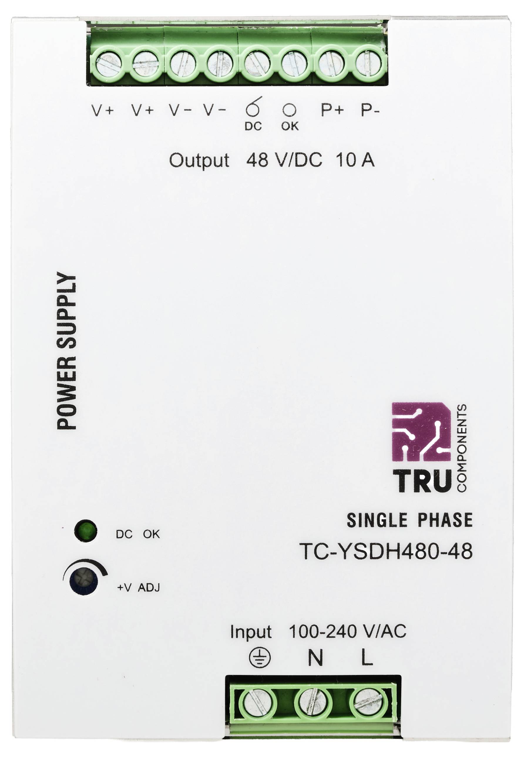 En enfaset strømforsyningsenhed mærket 'TRU Components'. Indgang: 100-240 V/AC. Udgang: 48 V/DC, 10 A. Indikatorer for DC OK og V adjust.