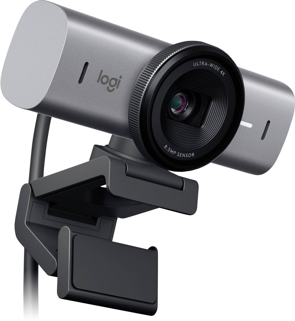 Et sleek, metallisk webcam monteret på en klemme, udstyret med et 'Ultra-bred 4K' objektiv, designet til høj-kvalitets videostreaming eller videokonferencer.