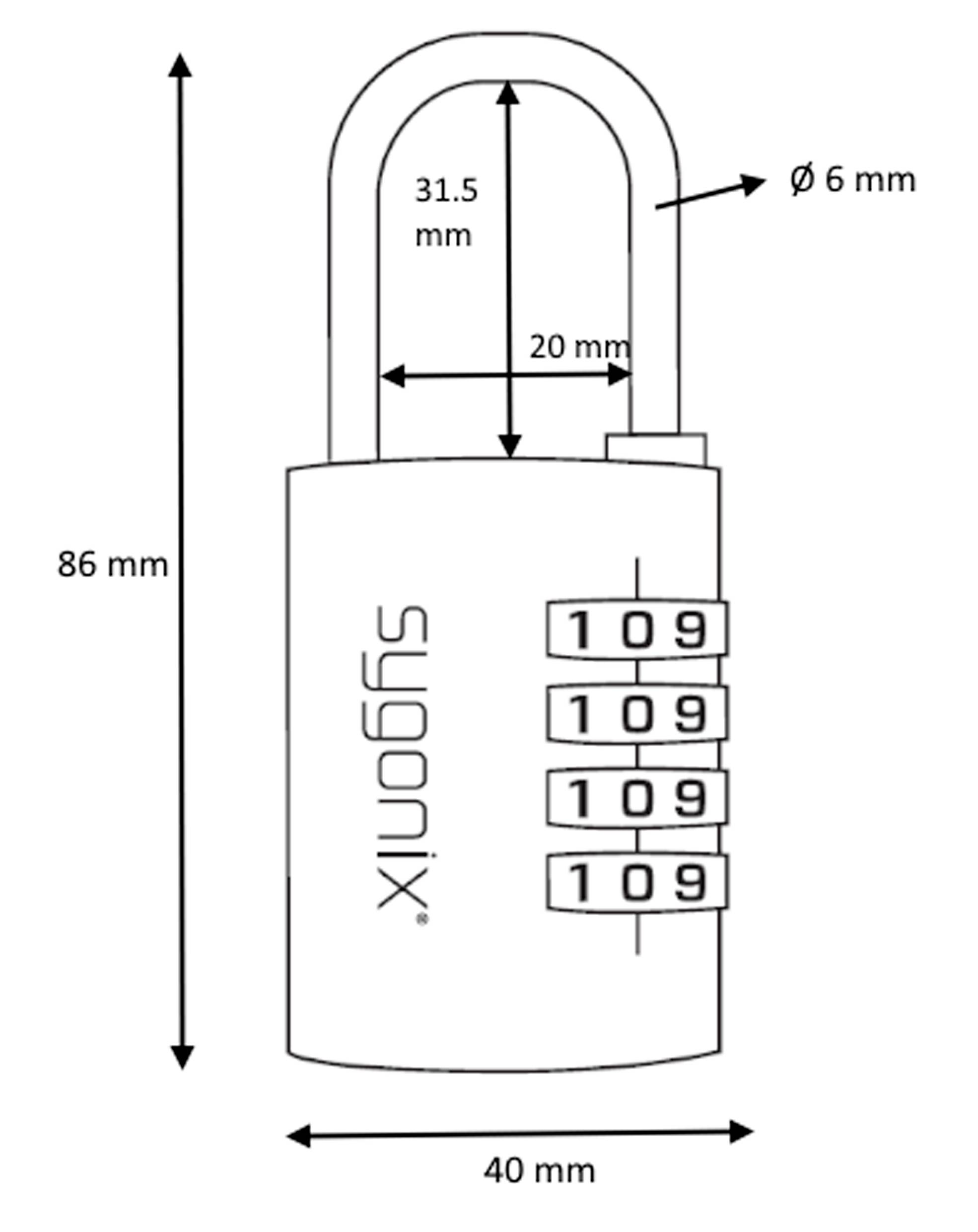 En mærket diagram over en kombinationslås, der viser dimensioner: 86 mm høj, 40 mm bred, 31,5 mm bøjlehøjde, 6 mm bøjlediameter.