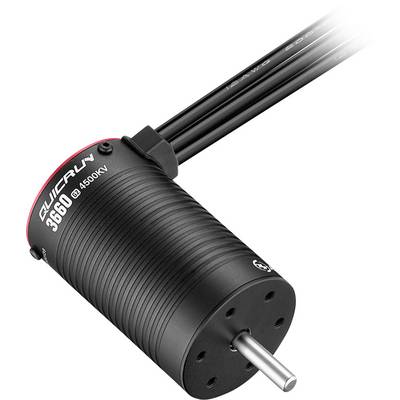 En sort cylindrisk motor mærket 'Quicrun 3660 4500KV' med en sølvfarvet aksel og tre sorte ledninger, der stikker ud fra toppen.