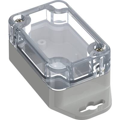 Et lille, gennemsigtigt, plastisk elektrisk kabinet med et klart låg og fire skruhuller, designet til at beskytte elektroniske komponenter.