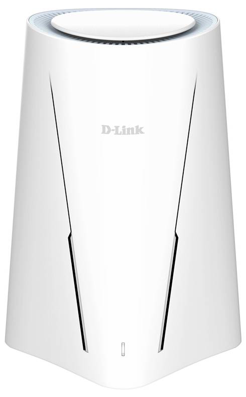 En hvid D-Link Wi-Fi router med et elegant, moderne design, forsynet med sorte detaljer og en LED-indikator, velegnet til brug i hjemmet eller på kontoret.