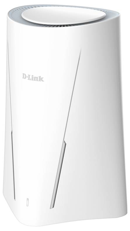 Hvid D-Link Wi-Fi router med et strømlinet, moderne design, udstyret med lodrette ventilationssprækker og et logo på forsiden.