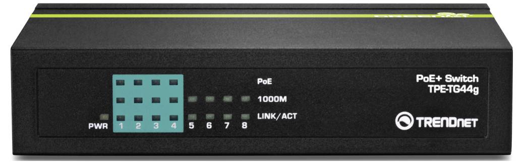 'Forfra-visning af en TRENDnet PoE+ Switch TPE-TG44g, som viser porte, strømindikator og 1000M LINK/ACT-lamper.'