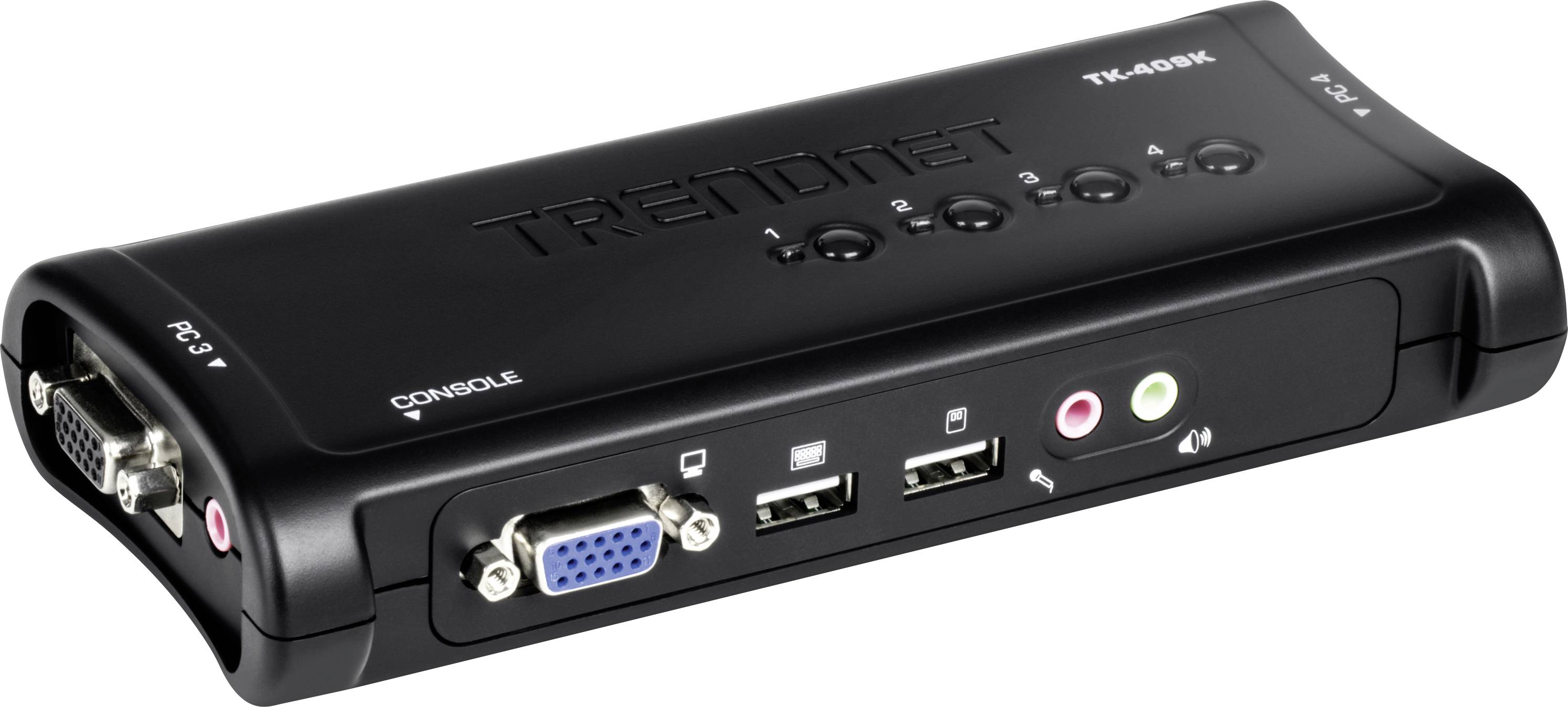 En KVM-switch med flere porte, herunder VGA, USB og lydtilslutninger, mærket 'TRENDnet TK-409K'.