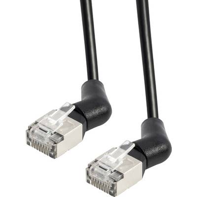 To sorte Ethernet-kabler med vinklede stik, sølvfarvede stik og klare plastikclips på en hvid baggrund.