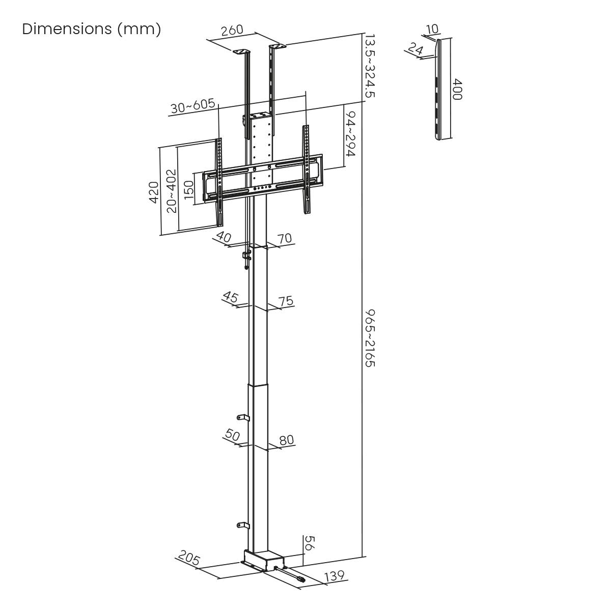 Diagram, der viser dimensionerne for et lodret TV-beslag. Højder varierer fra 965 til 2165 mm. Bredde og andre mål er angivet i mm.