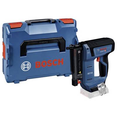 Et blåt og sort Bosch sømpistol med en bæretaske er vist. Værktøjet drives af et batteri, hvilket understreger dets mobilitet og effektivitet.