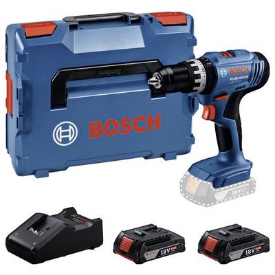 Trådløs boremaskine-sæt med oplader og to batterier, mærket 'Bosch Professional', inkluderer en blå bæretaske.