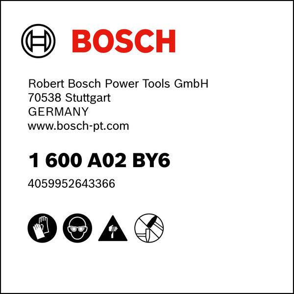 'Bosch' logo med adresse: Robert Bosch Power Tools GmbH, 70538 Stuttgart, Tyskland. Hjemmeside: www.bosch-pt.com. Kode: 1 600 A02 BY6.