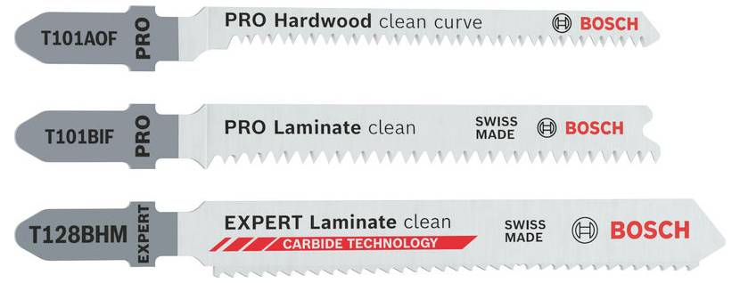 Tre Bosch savklinger mærket 'PRO Hardwood clean curve', 'PRO Laminate clean' og 'EXPERT Laminate clean'. Hver især fremstillet i Schweiz.