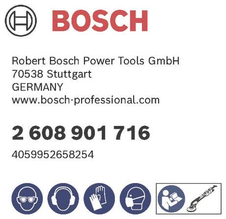 'BOSCH, Robert Bosch Power Tools GmbH, 70538 Stuttgart, Tyskland, www.bosch-professional.com, 2 608 901 716, 4059952658254.' Sikkerhedsikonerne nederst omfatter høretelefoner, handsker, maske og beskyttelsesbriller.