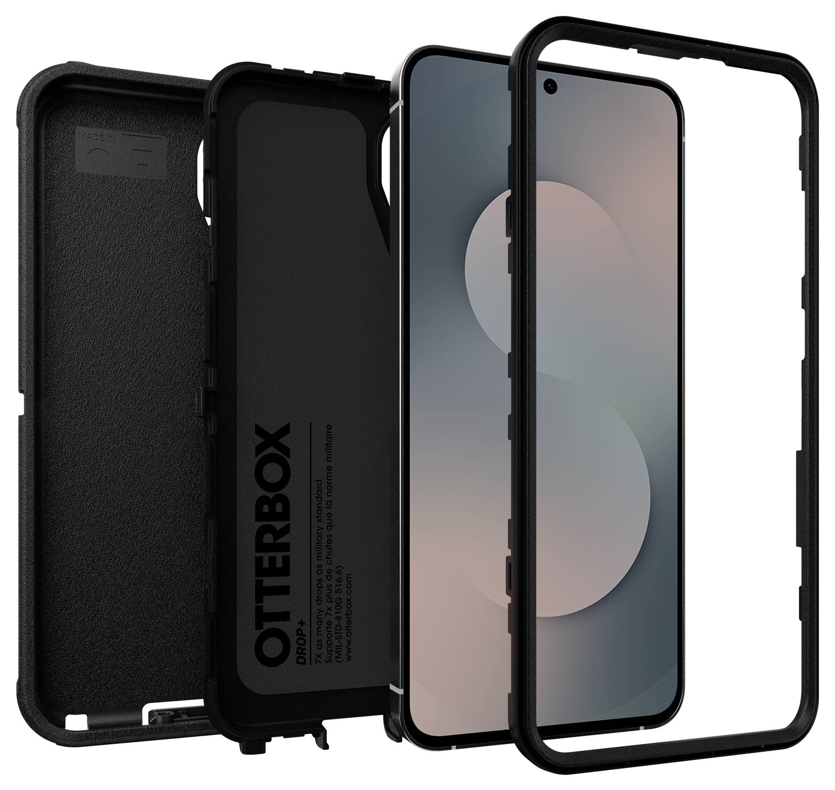 Ekspanderet visning af et OtterBox telefonetui, der viser det indre skal, beskyttelsesrammen og front- og bagkomponenter samlet omkring en smartphoneskærm.