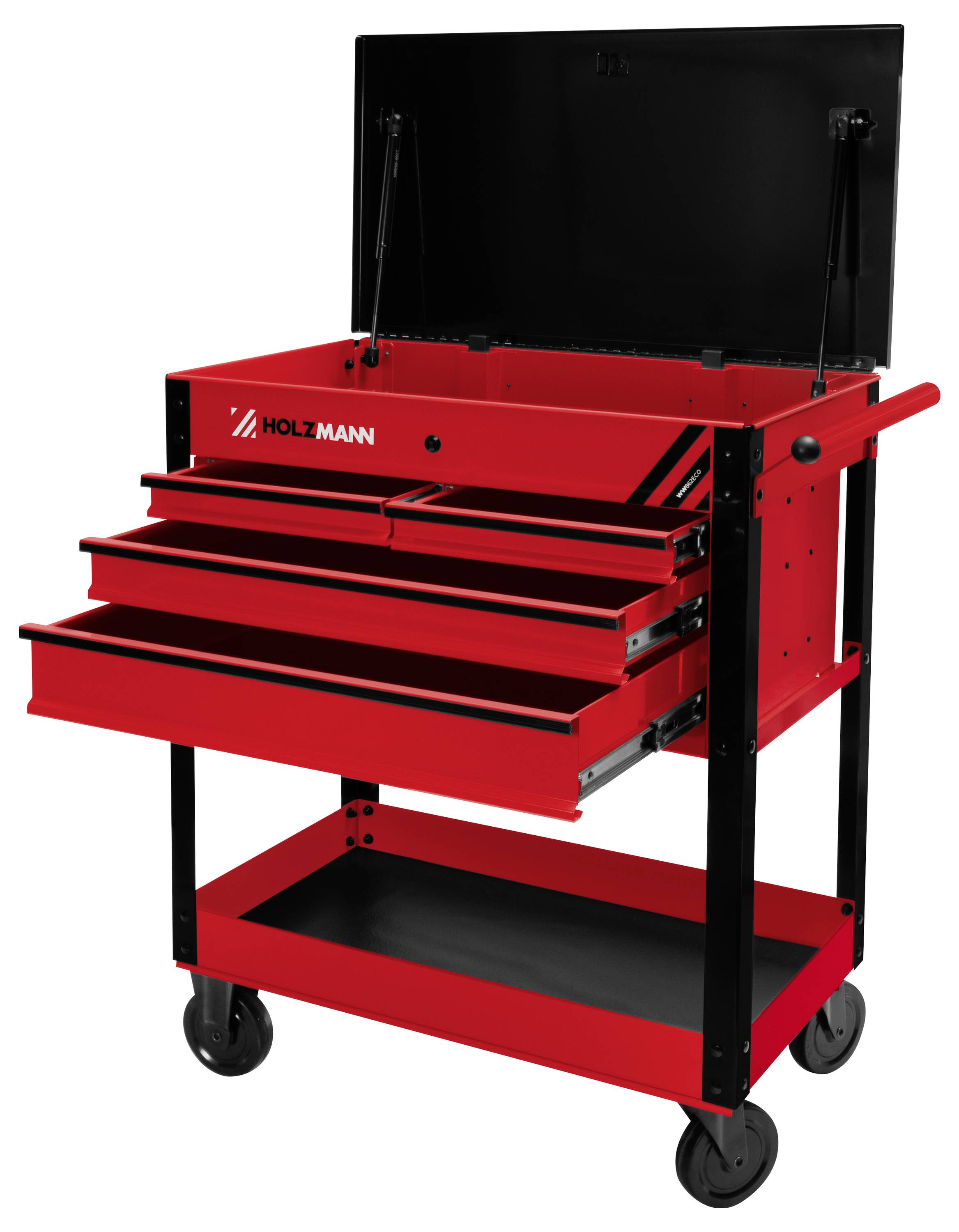 En rød og sort rullevogn til værktøj med tre åbne skuffer, et øverste rum og en nederste hylde.