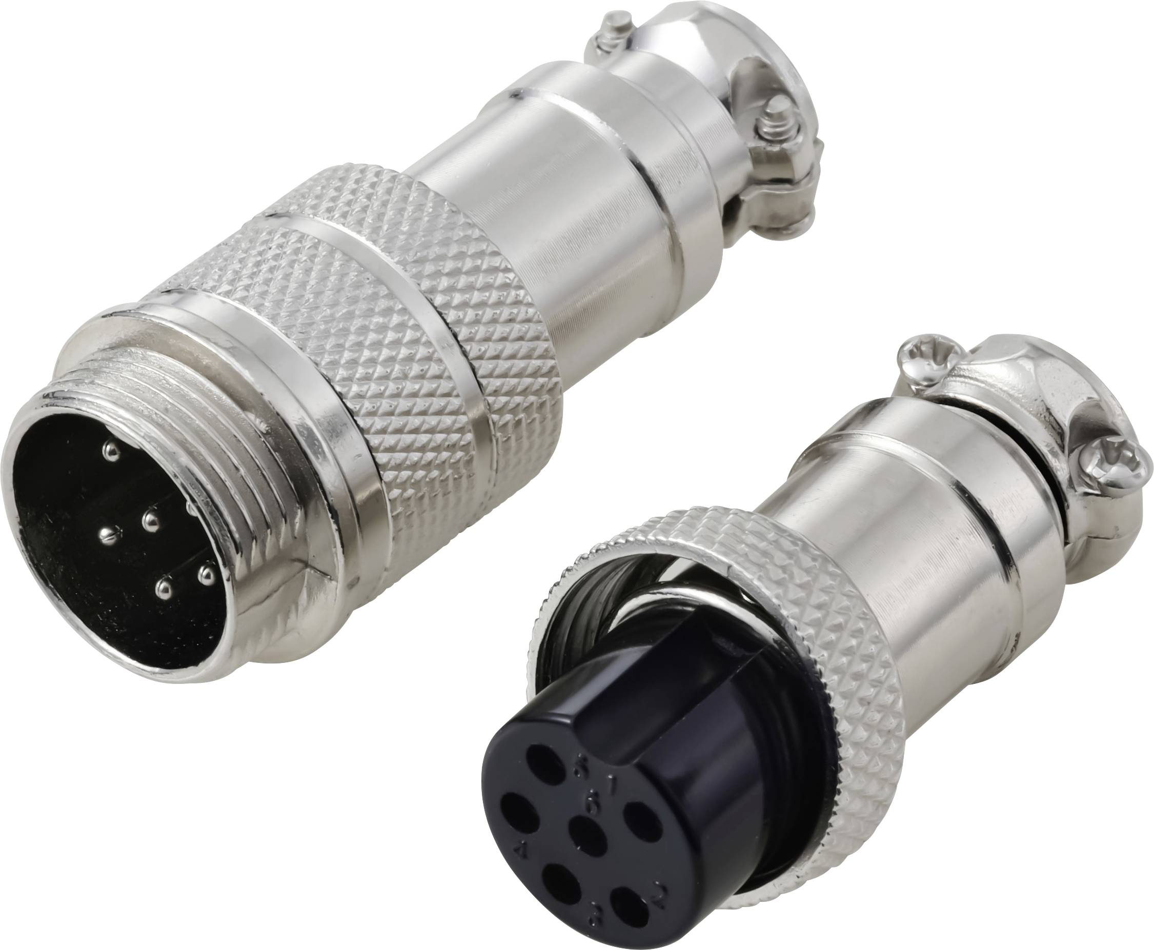 To metalske cirkulære multi-pin elektriske stik med riflede greb, et han- og et hunkstik, vist på linje og adskilt.