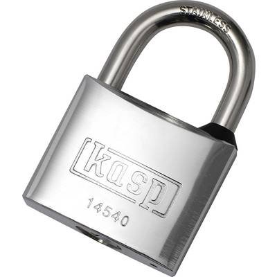 En rustfri stålhængelås med 'KASP' og '14540' graveret, som viser en blank, robust konstruktion der indikerer sikkerhed og holdbarhed.