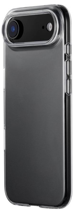 En gennemsigtig smartphone-etui, der viser telefonens bagside med dobbelte kameraer og knapper på siden, som fremhæver dens slanke design.