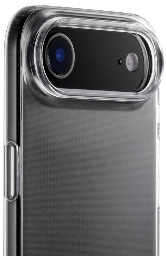 Nærbillede af en smartphones bageste kamera med et klart beskyttelsescover, der viser dobbelte linser og en elegant design.