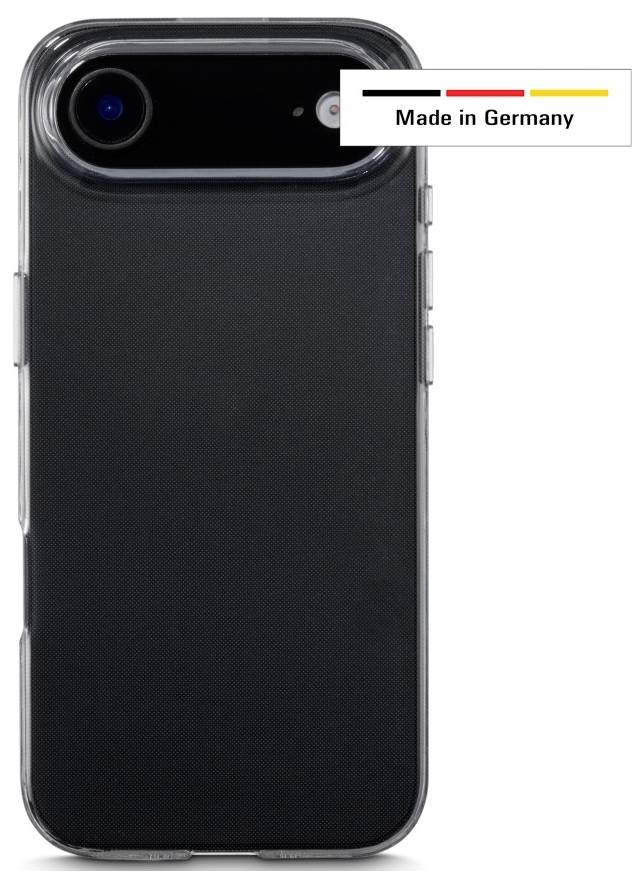 Et sort smartphone-etui med en klar kant, vist fra bagsiden, mærket 'Made in Germany' med en grafik af det tyske flag.