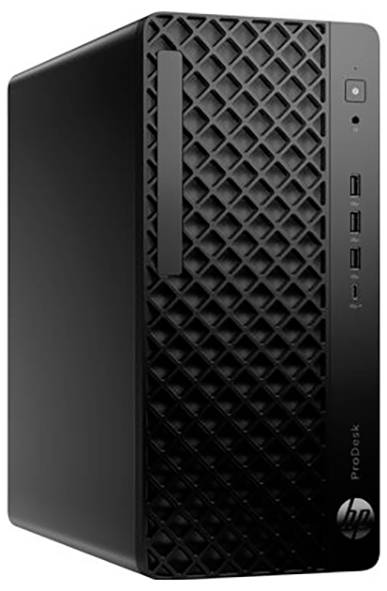 En sort desktopcomputer-kabinet med en struktureret forside, flere USB-porte og en tænd/sluk-knap i højre side.